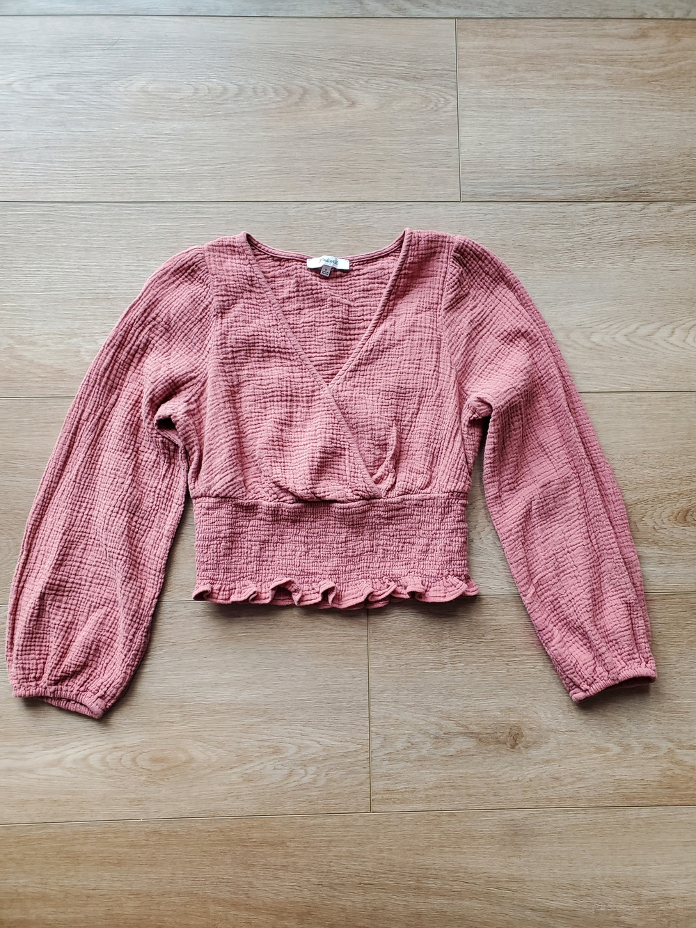 Madewell Women’s Pink Ruched Wrap Long-Sleeve Top, Size S